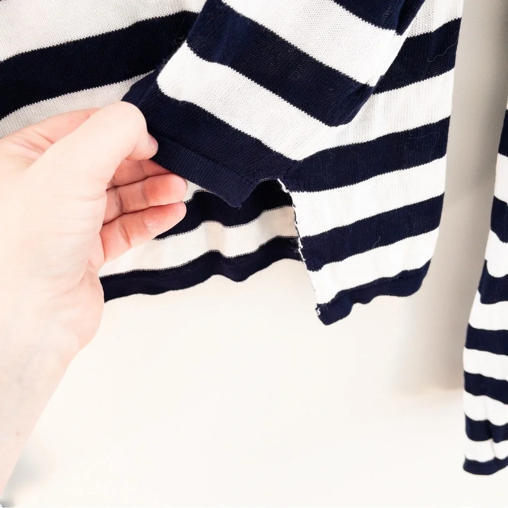 Lulu's Navy White Split Neck Flare Sleeve Stripe Crop Sweater Capsule Minimalist